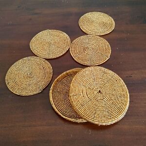 VTG Pier 1 Set Of Four Gold Beaded Coasters With Beaded Holder